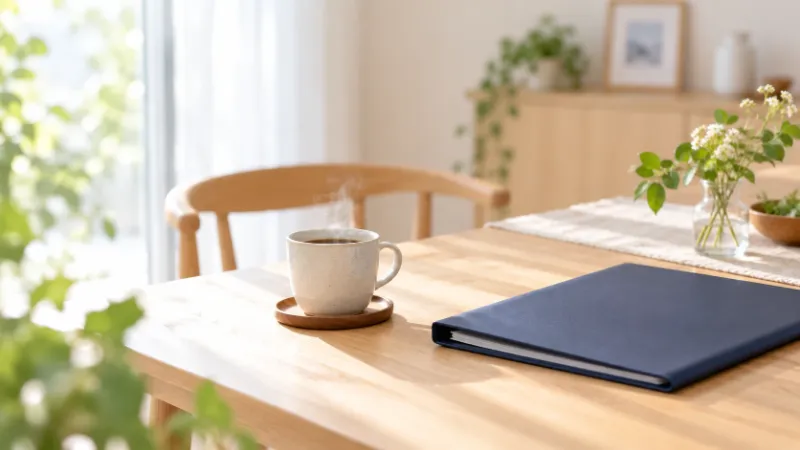 朝の食卓に置かれたコーヒーと紺色のファイル（イメージ）