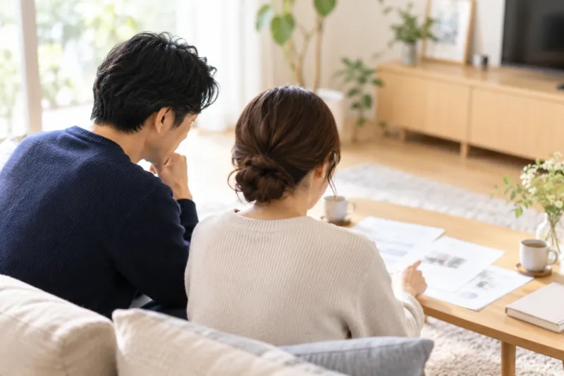 リビングのソファで、二人が並んで書類を見ている様子（イメージ）